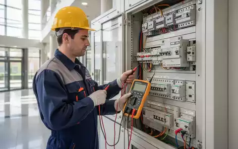 Elektrofachkraft bei der Überprüfung einer elektrischen Anlage in einem öffentlichen Gebäude. - Foto: über boerse-global.de