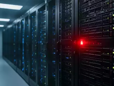 Ein moderner Serverraum mit blinkender roter Warnleuchte an einem Serverschrank, die eine Sicherheitsbedrohung symbolisiert. - Foto: über boerse-global.de