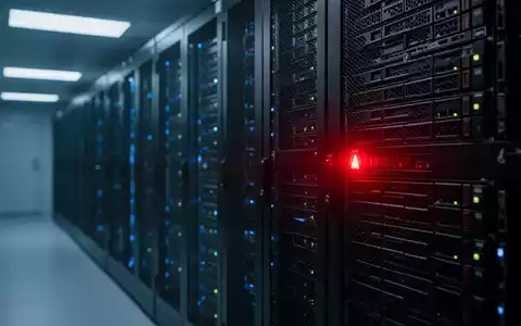 Ein moderner Serverraum mit blinkender roter Warnleuchte an einem Serverschrank, die eine Sicherheitsbedrohung symbolisiert. - Foto: über boerse-global.de