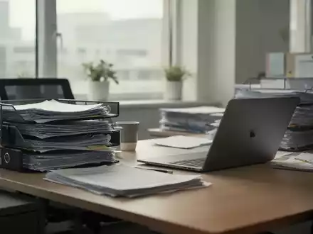 Ein moderner Büroarbeitsplatz mit Papierstapeln und einem Laptop, der die administrative Arbeitsbelastung in der Personalabteilung symbolisiert. - Foto: über boerse-global.de