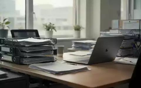 Ein moderner Büroarbeitsplatz mit Papierstapeln und einem Laptop, der die administrative Arbeitsbelastung in der Personalabteilung symbolisiert. - Foto: über boerse-global.de