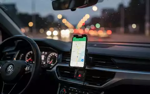 Ein Smartphone mit Navigations-App in einer Autohalterung bei Dämmerung, während das Fahrzeug auf einer beleuchteten Straße fährt. - Foto: über boerse-global.de