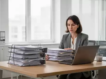 Eine HR-Fachkraft arbeitet konzentriert an einem Schreibtisch in einem modernen Büro mit Akten und einem Laptop. - Foto: über boerse-global.de