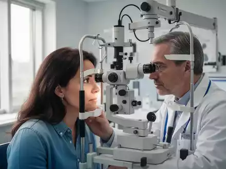Neurologe bei einer Augenuntersuchung zur Diagnostik in einer modernen medizinischen Praxis. - Foto: über boerse-global.de