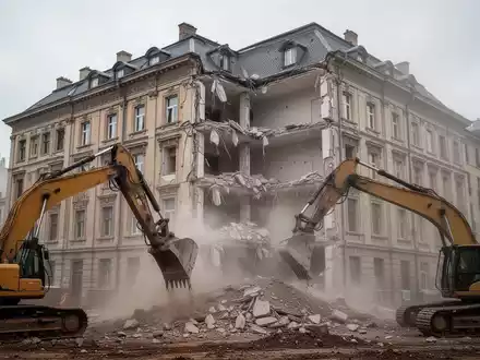 Ein teilweise abgerissenes historisches Altbaugebäude vor einem bewölkten Himmel mit Bauschutt und Staub. - Foto: über boerse-global.de