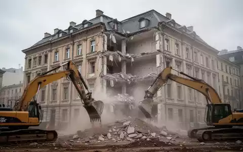 Ein teilweise abgerissenes historisches Altbaugebäude vor einem bewölkten Himmel mit Bauschutt und Staub. - Foto: über boerse-global.de