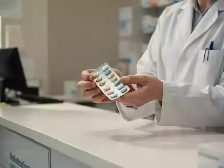 Eine Apothekerin in einem weißen Kittel hält eine Medikamentenpackung vor einem unscharfen Hintergrund in einer Apotheke. - Foto: über boerse-global.de