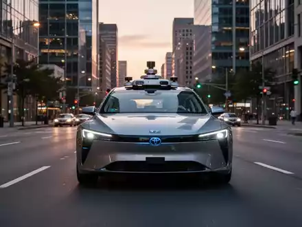 Ein autonomes Robotaxi fährt bei Dämmerung durch eine moderne Großstadt. - Foto: über boerse-global.de
