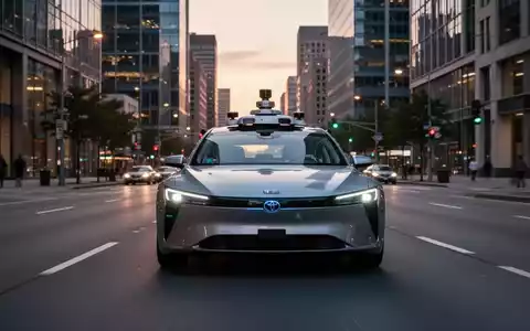 Ein autonomes Robotaxi fährt bei Dämmerung durch eine moderne Großstadt. - Foto: über boerse-global.de