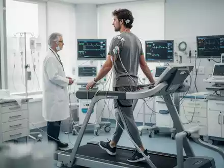 Kardiologischer Belastungstest eines Patienten mit EKG-Ăberwachung in einer medizinischen Praxis. - Foto: ĂŒber boerse-global.de