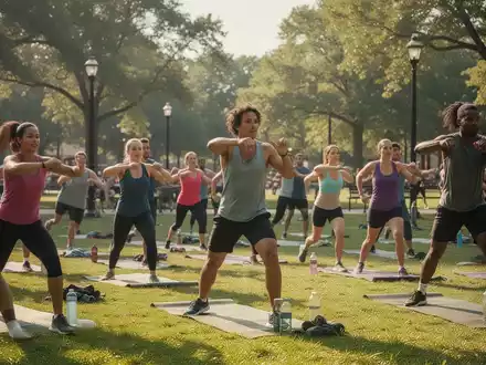 Eine Gruppe von Menschen nimmt an einem Fitnesskurs im Freien in einem öffentlichen Park teil. - Foto: über boerse-global.de