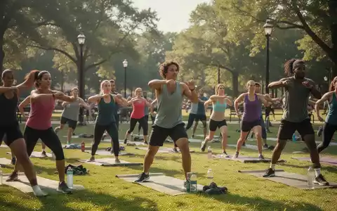 Eine Gruppe von Menschen nimmt an einem Fitnesskurs im Freien in einem öffentlichen Park teil. - Foto: über boerse-global.de