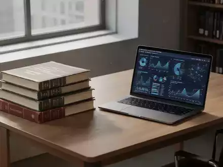 Ein moderner Schreibtisch in einer Bibliothek mit juristischen Fachbüchern und einem Laptop, auf dem Daten visualisiert sind. - Foto: über boerse-global.de