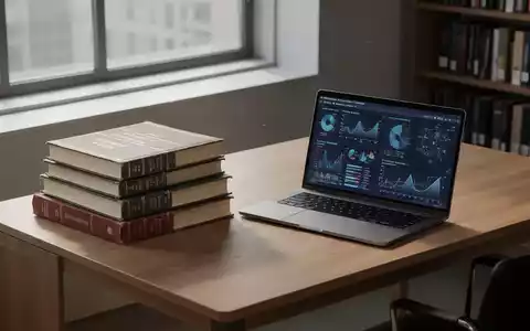 Ein moderner Schreibtisch in einer Bibliothek mit juristischen Fachbüchern und einem Laptop, auf dem Daten visualisiert sind. - Foto: über boerse-global.de