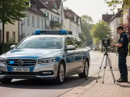 Ein Polizeibeamter bei der Überwachung des Straßenverkehrs an einer städtischen Messstelle zur Geschwindigkeitskontrolle. - Foto: über boerse-global.de