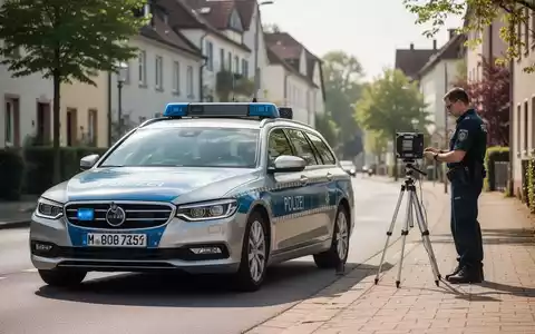 Ein Polizeibeamter bei der Überwachung des Straßenverkehrs an einer städtischen Messstelle zur Geschwindigkeitskontrolle. - Foto: über boerse-global.de