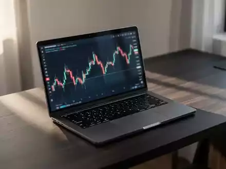 Ein moderner, minimalistischer Schreibtisch mit einem Laptop, auf dessen Bildschirm ein unscharfer Finanzchart zu sehen ist. - Foto: über boerse-global.de