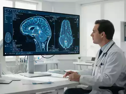 Ein Arzt betrachtet einen hochauflösenden PET-Scan eines Gehirns auf einem Monitor zur Diagnose von Amyloid-Ablagerungen. - Foto: über boerse-global.de