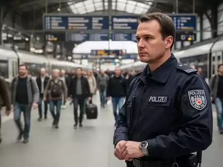 Ein Polizeibeamter beobachtet aufmerksam die Menschenmenge in einer Bahnhofshalle. - Foto: über boerse-global.de
