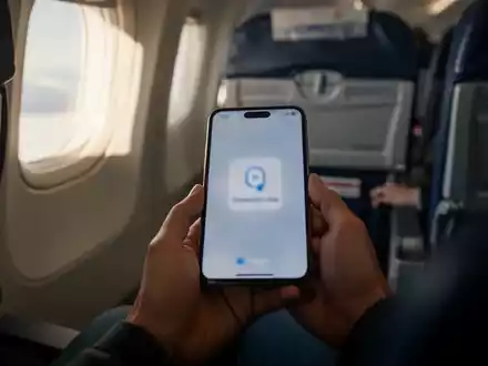 Passagier hält ein Smartphone in einer Flugzeugkabine, während das Bord-WLAN-System im Hintergrund aktiv ist. - Foto: über boerse-global.de