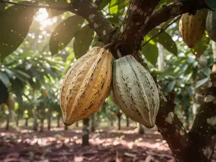 Frische Kakaoschoten an einem Baum in einer tropischen Plantage in Ghana. - Foto: über boerse-global.de