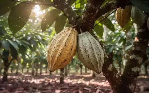 Frische Kakaoschoten an einem Baum in einer tropischen Plantage in Ghana. - Foto: ĂŒber boerse-global.de