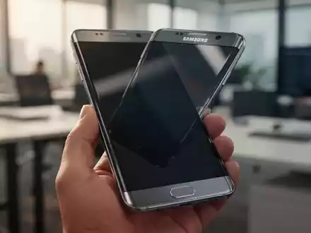 Ein modernes Samsung Galaxy Smartphone in einer Hand vor einem verschwommenen BĂŒro-Hintergrund. - Foto: ĂŒber boerse-global.de