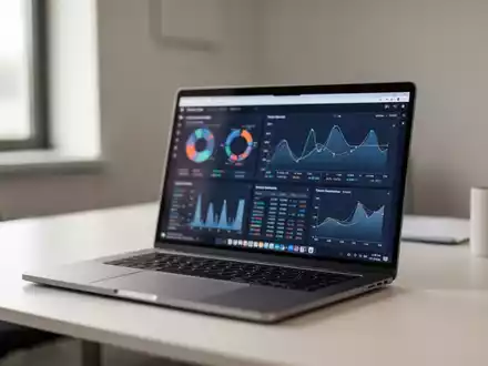 Ein moderner, minimalistischer Arbeitsplatz mit einem Laptop, der komplexe Datenanalysen anzeigt, in einer professionellen Büroumgebung. - Foto: über boerse-global.de