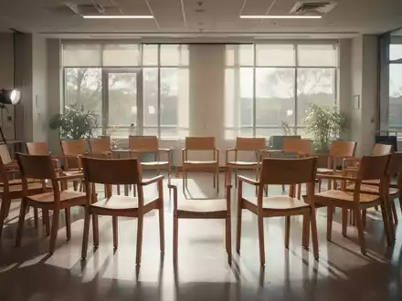 Ein leerer, sonnendurchfluteter Besprechungsraum in einem Vereinsheim mit Stuhlkreis und natürlichem Licht. - Foto: über boerse-global.de