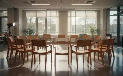 Ein leerer, sonnendurchfluteter Besprechungsraum in einem Vereinsheim mit Stuhlkreis und natürlichem Licht. - Foto: über boerse-global.de