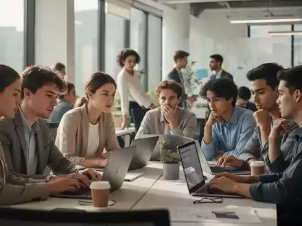 Junge Erwachsene arbeiten konzentriert an Laptops und in Gesprächen in einem modernen, hellen Büro. - Foto: über boerse-global.de
