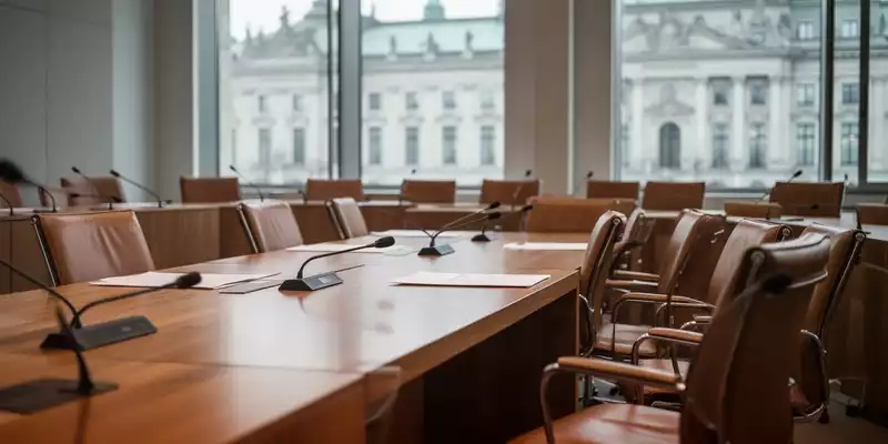 Moderner Sitzungssaal im Schweizer Parlamentsgebäude mit leeren Stühlen und Holztischen bei natürlichem Tageslicht. - Foto: über boerse-global.de