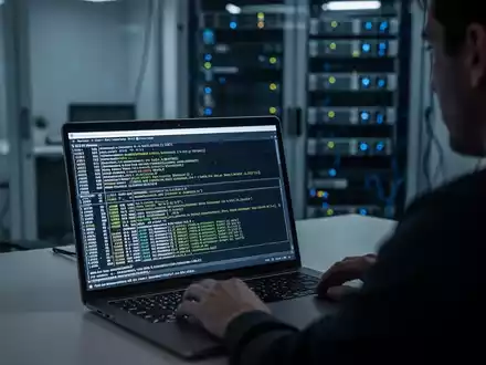 Cybersicherheitsforscher analysiert komplexe Netzwerkdaten und Terminalcode auf einem Laptop-Bildschirm. - Foto: über boerse-global.de