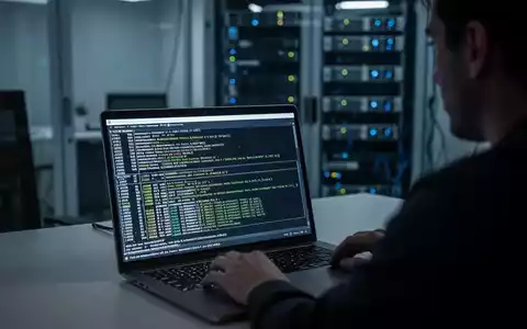 Cybersicherheitsforscher analysiert komplexe Netzwerkdaten und Terminalcode auf einem Laptop-Bildschirm. - Foto: über boerse-global.de