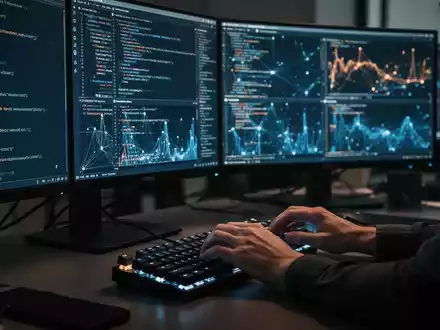 Ein Arbeitsplatz mit mehreren Bildschirmen, auf denen Programmcode und Netzwerkverkehr in einem abgedunkelten Büro zu sehen sind. - Foto: über boerse-global.de