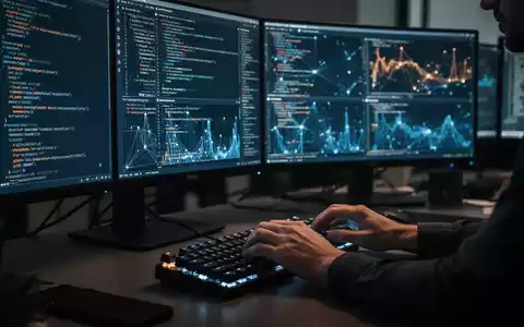 Ein Arbeitsplatz mit mehreren Bildschirmen, auf denen Programmcode und Netzwerkverkehr in einem abgedunkelten Büro zu sehen sind. - Foto: über boerse-global.de