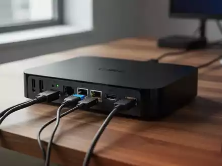 Nahaufnahme einer Android TV-Box mit angeschlossenen Kabeln auf einem Schreibtisch. - Foto: über boerse-global.de