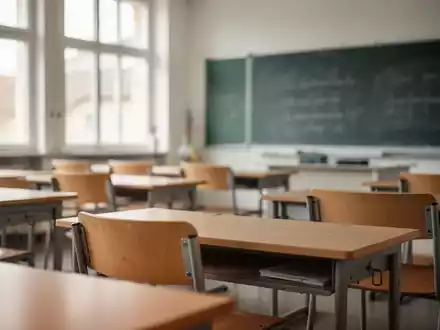 Ein leerer, sonnendurchfluteter Klassenraum in einer Schule mit Holztischen und Stühlen. - Foto: über boerse-global.de