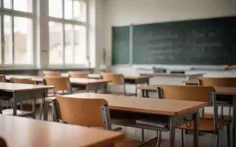 Ein leerer, sonnendurchfluteter Klassenraum in einer Schule mit Holztischen und Stühlen. - Foto: über boerse-global.de