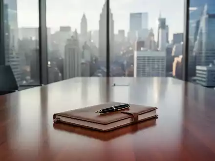 Ein moderner Konferenzraum mit Blick auf ein Finanzviertel und einem Notizbuch auf einem Holztisch. - Foto: über boerse-global.de