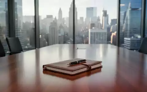 Ein moderner Konferenzraum mit Blick auf ein Finanzviertel und einem Notizbuch auf einem Holztisch. - Foto: über boerse-global.de