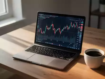 Ein minimalistischer Schreibtisch mit einem Laptop, auf dem ein verschwommener Finanzchart zu sehen ist. - Foto: über boerse-global.de