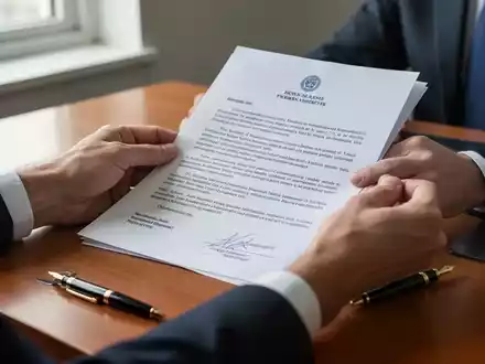 Nahaufnahme von Händen, die ein offizielles Dokument auf einem Schreibtisch halten, daneben ein Füllfederhalter. - Foto: über boerse-global.de