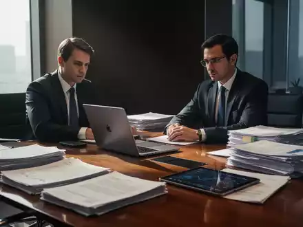 Eine konzentrierte Fachkraft in einem modernen Büro sitzt an einem Konferenztisch mit Laptops und Finanzunterlagen. - Foto: über boerse-global.de