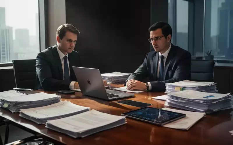 Eine konzentrierte Fachkraft in einem modernen Büro sitzt an einem Konferenztisch mit Laptops und Finanzunterlagen. - Foto: über boerse-global.de