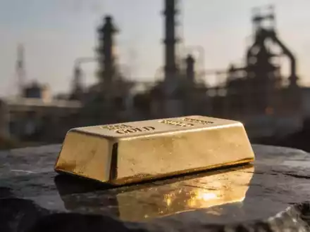 Ein Goldbarren liegt auf einer dunklen Oberfläche vor einem unscharfen Hintergrund, der eine Ölraffinerie andeutet. - Foto: über boerse-global.de