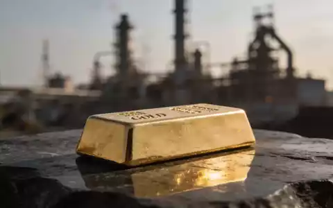 Ein Goldbarren liegt auf einer dunklen Oberfläche vor einem unscharfen Hintergrund, der eine Ölraffinerie andeutet. - Foto: über boerse-global.de