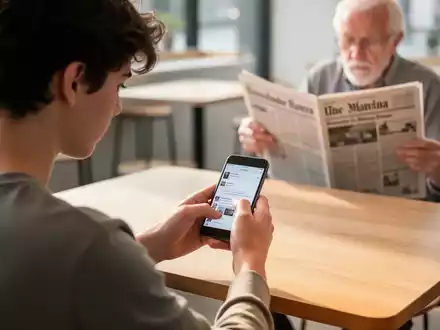 Eine junge Person nutzt ein Smartphone in einem Café, während im Hintergrund eine ältere Person eine Zeitung liest. - Foto: über boerse-global.de