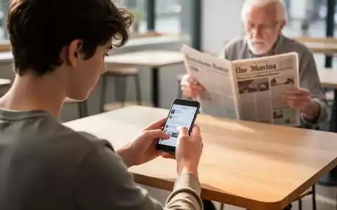 Eine junge Person nutzt ein Smartphone in einem Café, während im Hintergrund eine ältere Person eine Zeitung liest. - Foto: über boerse-global.de