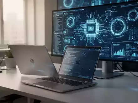 Ein moderner Arbeitsplatz mit einem Laptop und einer grafischen Darstellung von Hardware-Telemetriedaten auf einem Monitor. - Foto: über boerse-global.de